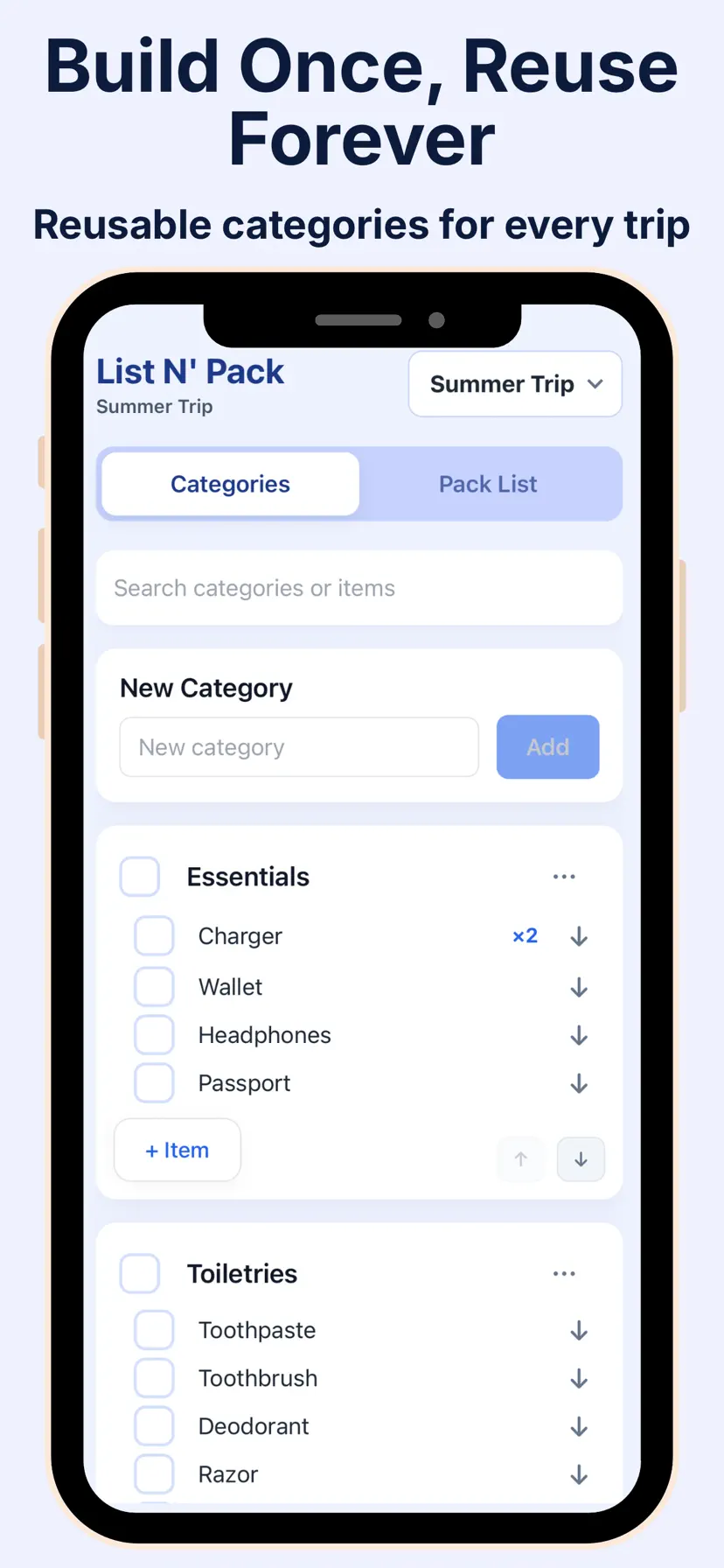 List N' Pack showing the Summer Trip list, category search, and reusable Essentials and Toiletries items with quantities